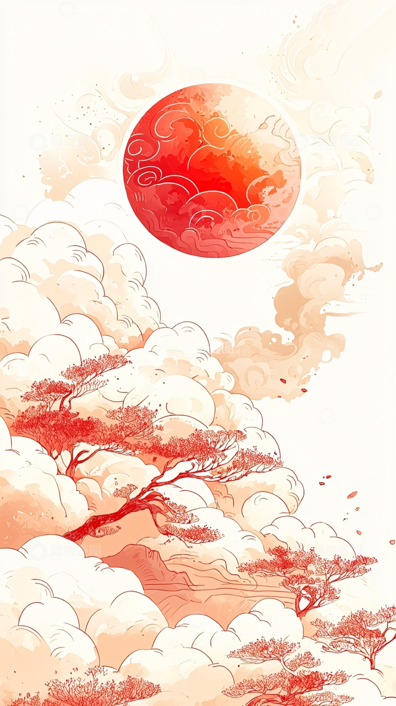 高清大图下载【趣麦麦图】-红色太阳笼罩云雾树木