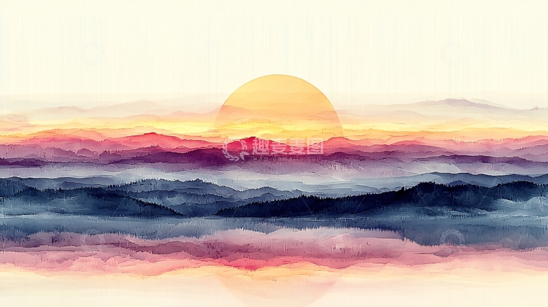 高清大图下载【趣麦麦图】水彩日出山峦景色
