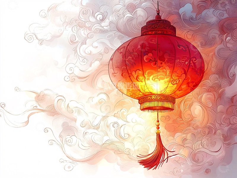 高清大图下载【趣麦麦图】红色灯笼水墨画