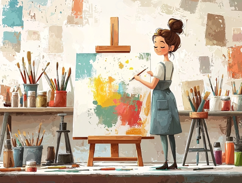 高清大图下载【趣麦麦图】-绘画女孩在工作室创作