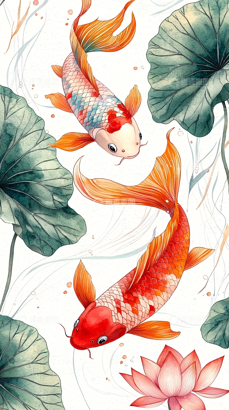 高清大图下载【趣麦麦图】锦鲤与荷花水墨画