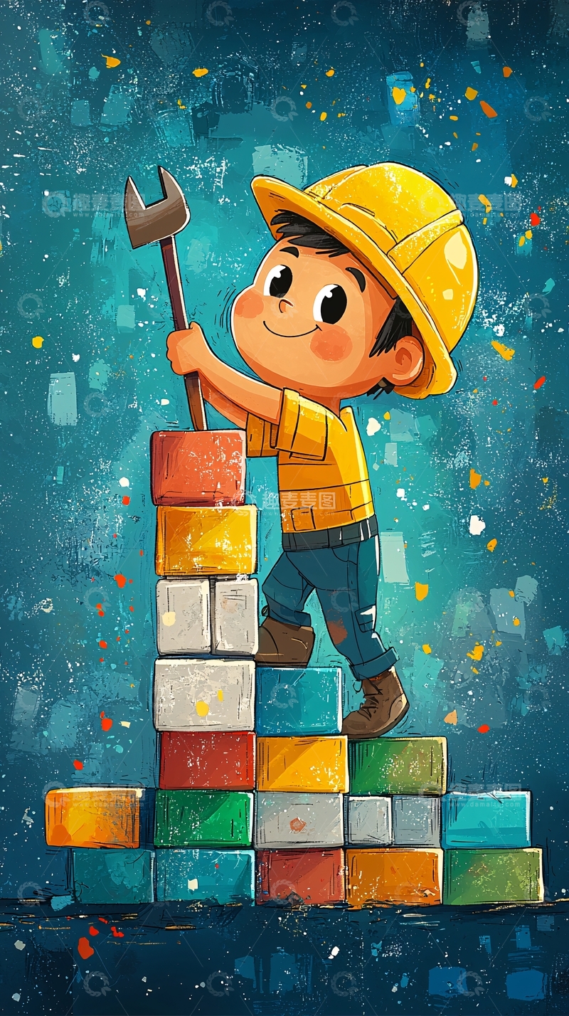 高清大图下载【趣麦麦图】卡通工人爬砖块
