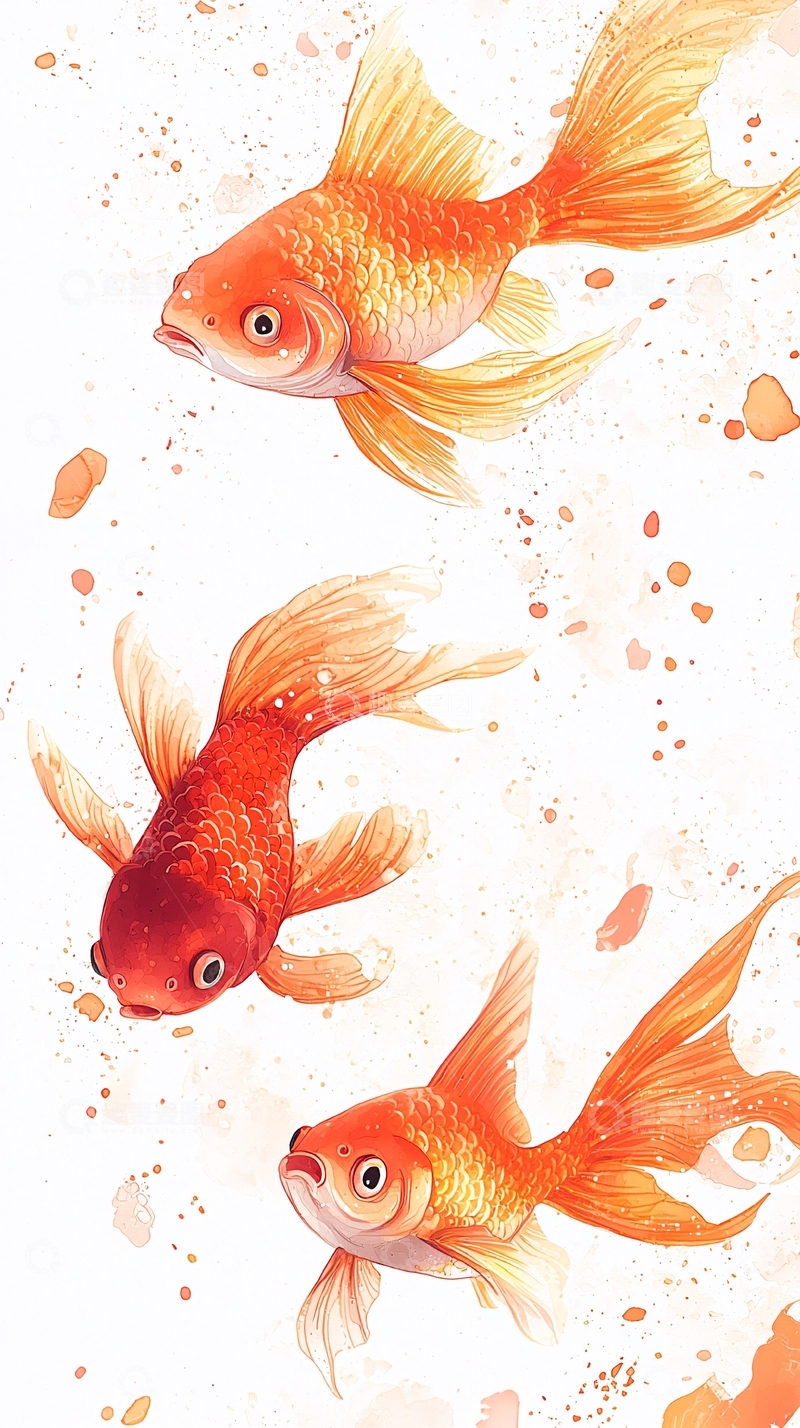 高清大图下载【趣麦麦图】三条金鱼水彩画