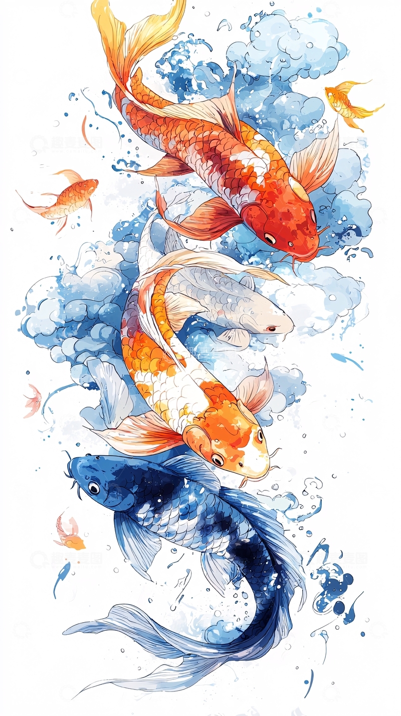 高清大图下载【趣麦麦图】水彩鲤鱼图