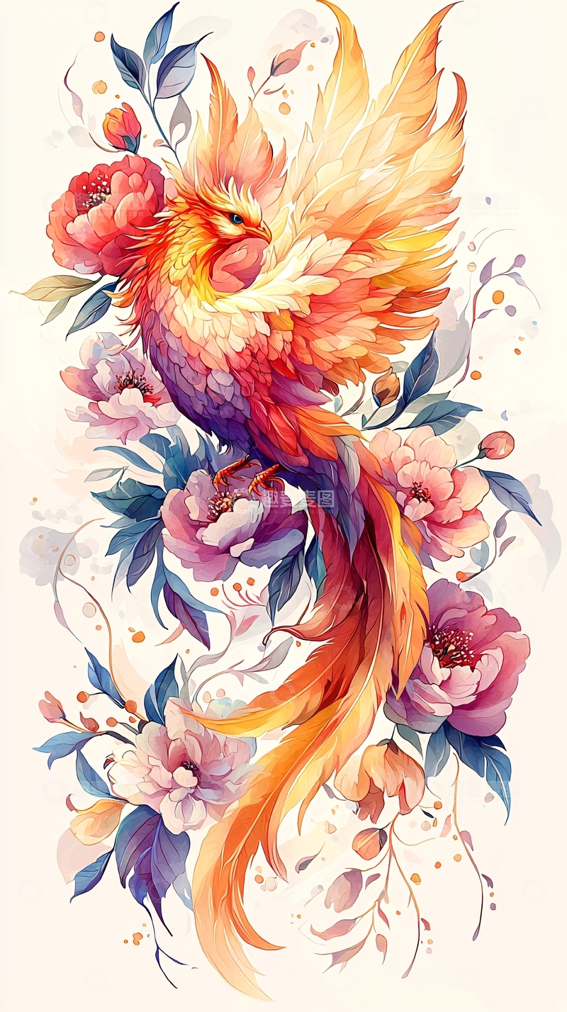 高清大图下载【趣麦麦图】凤凰与花朵水彩插画