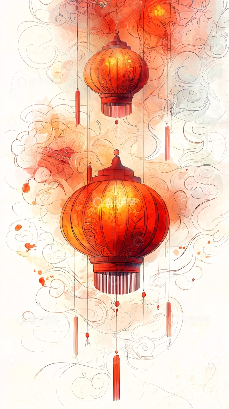 高清大图下载【趣麦麦图】红色灯笼水墨风