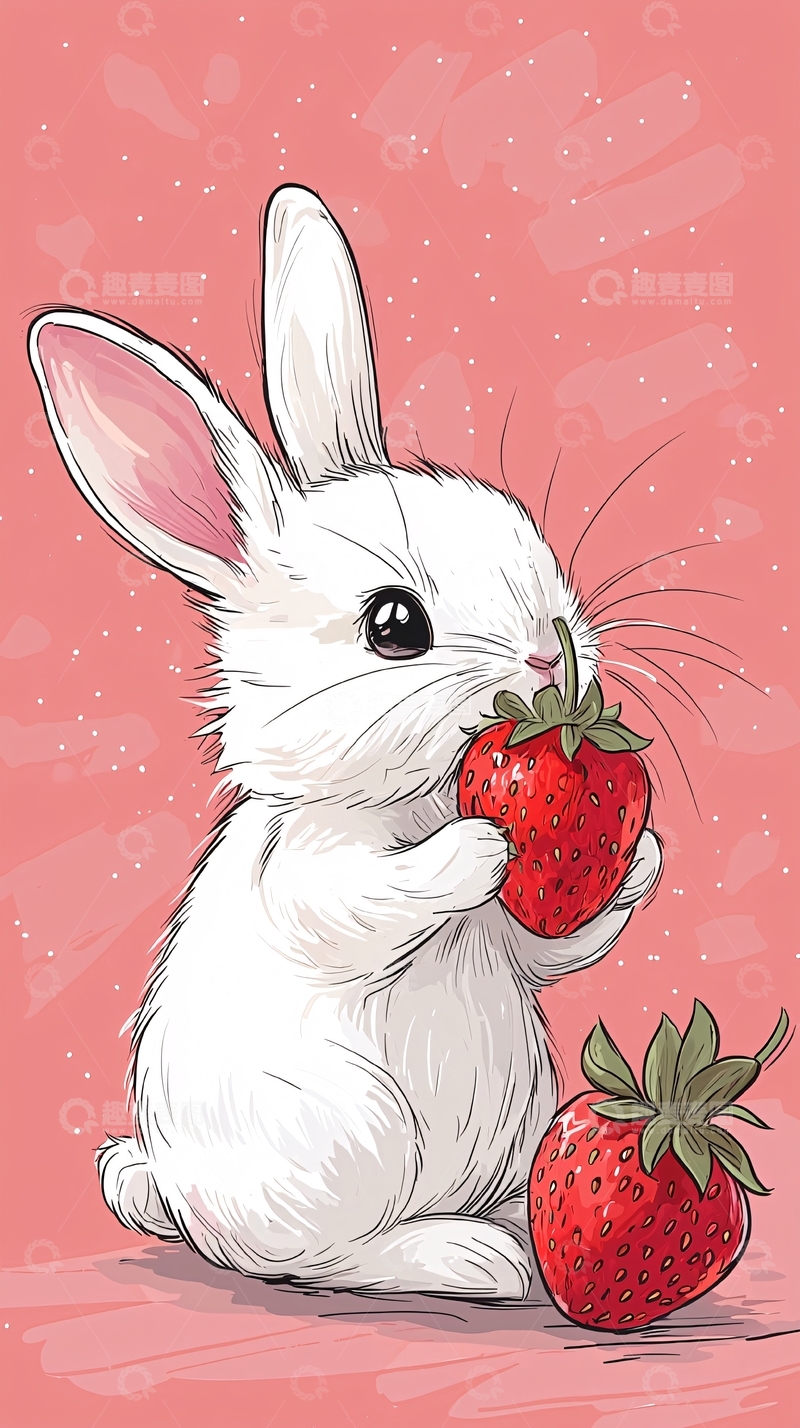 高清大图下载【趣麦麦图】白色兔子吃草莓