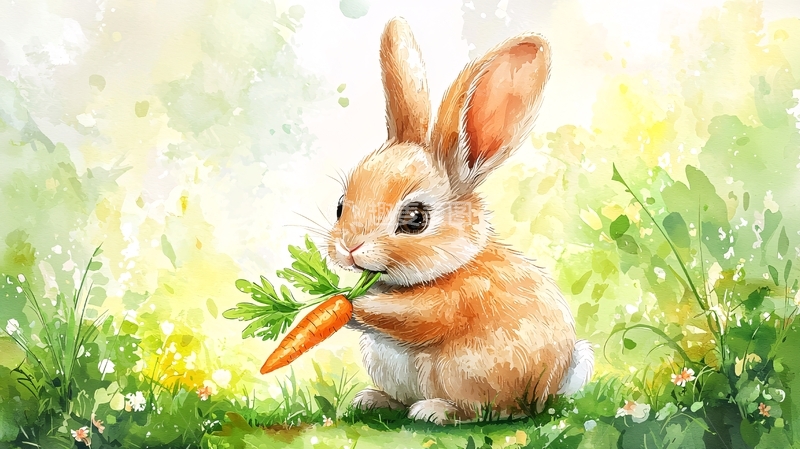 高清大图下载【趣麦麦图】水彩风兔子吃胡萝卜