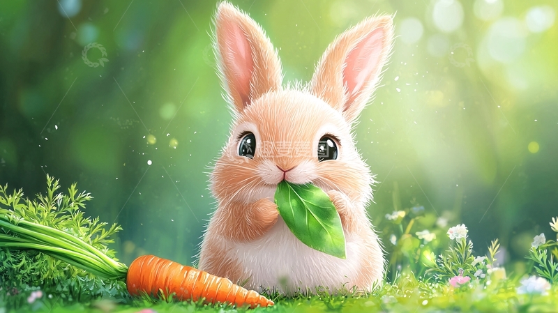 高清大图下载【趣麦麦图】可爱小兔子吃叶子和胡萝卜
