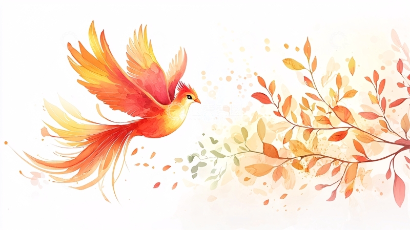 高清大图下载【趣麦麦图】飞翔的火焰凤凰水彩画