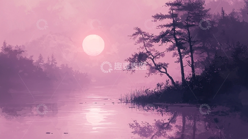 高清大图下载【趣麦麦图】粉紫色的日出湖景