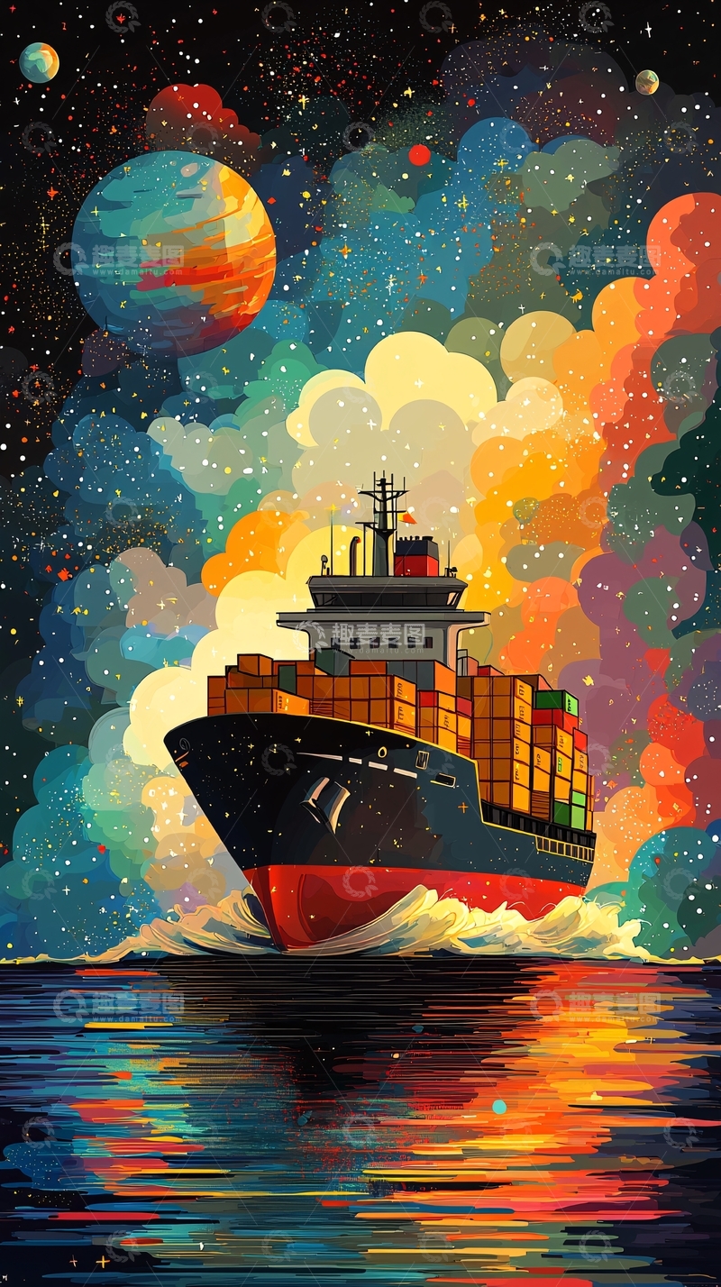 高清大图下载【趣麦麦图】奇幻星空下的货轮