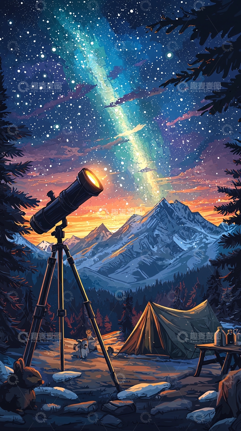 高清大图下载【趣麦麦图】星空下的望远镜露营