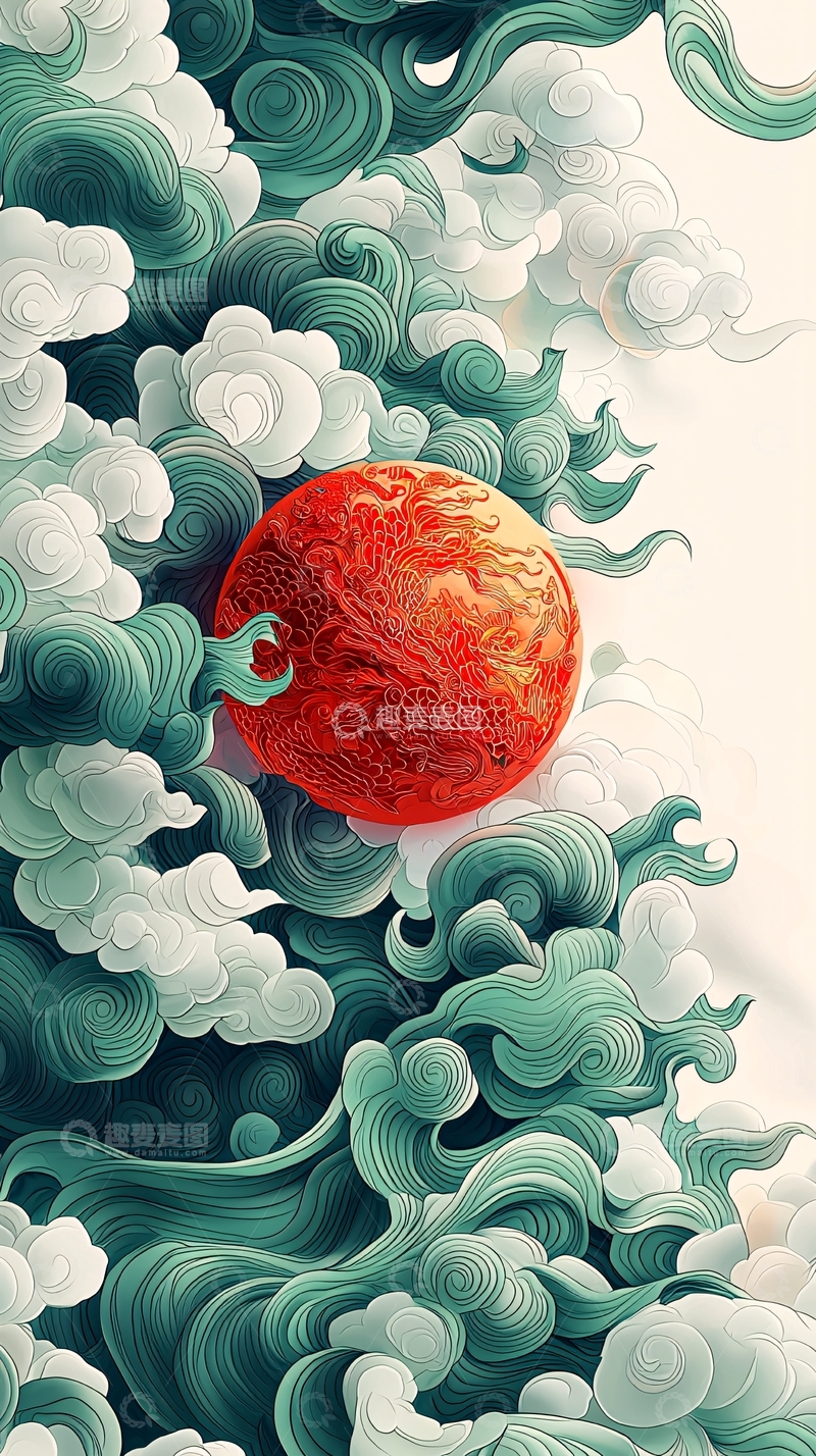 高清大图下载【趣麦麦图】祥云瑞兽红日图