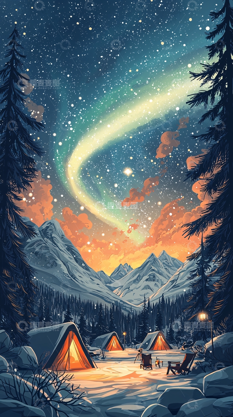 高清大图下载【趣麦麦图】极光下的雪山营地