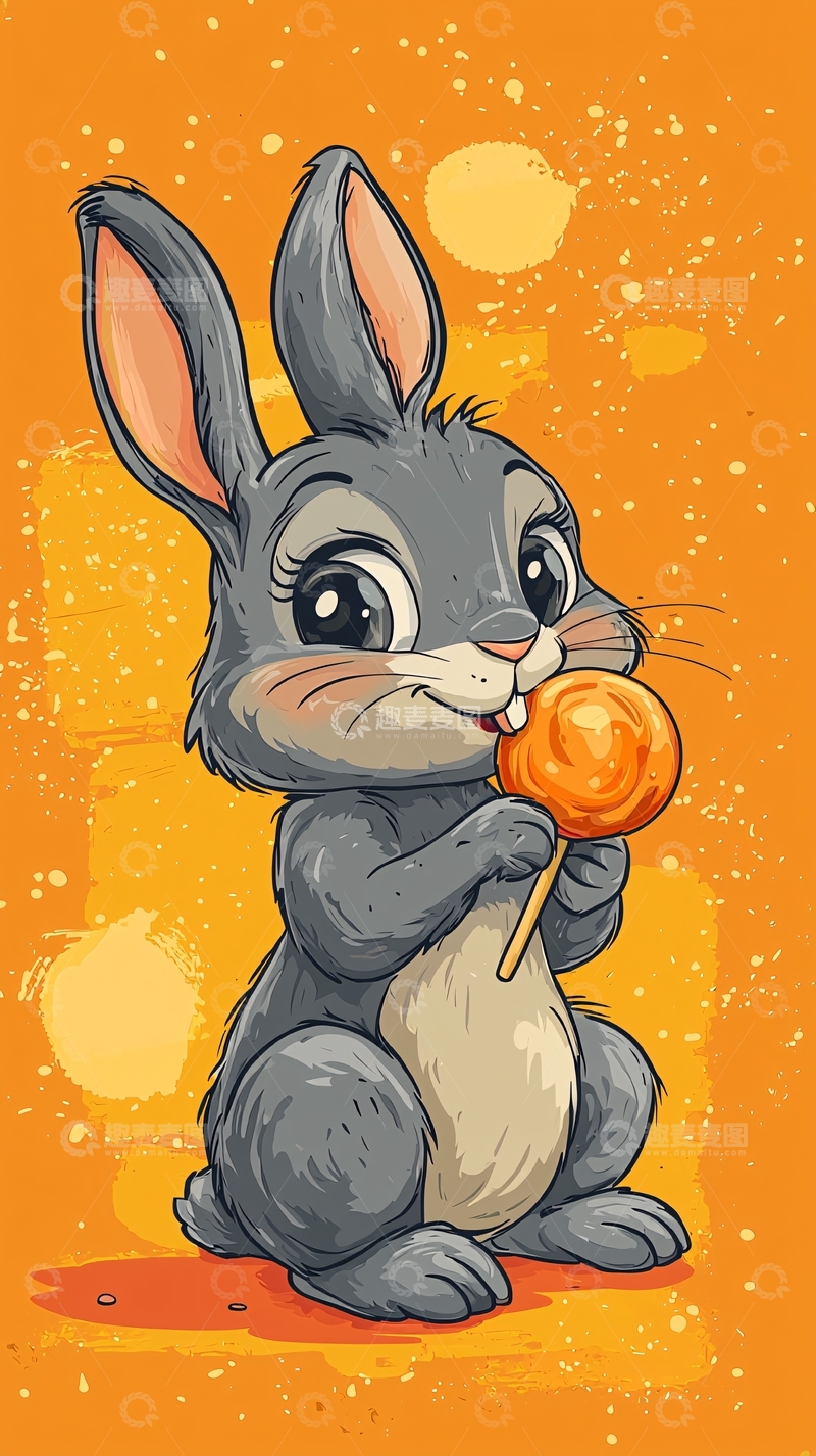 高清大图下载【趣麦麦图】兔子吃着棒棒糖的卡通画