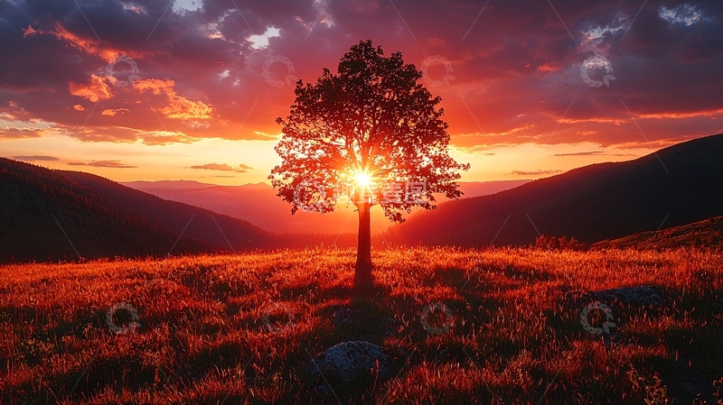 高清大图下载【趣麦麦图】夕阳下的孤树