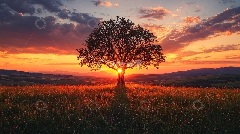 高清大图下载【趣麦麦图】落日余晖下的孤独树