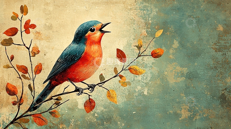 高清大图下载【趣麦麦图】鸣叫的鸟站在树枝上