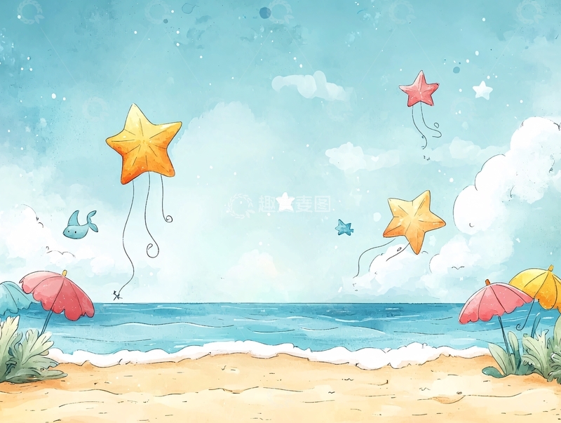高清大图下载【趣麦麦图】海滩星空风卡通背景