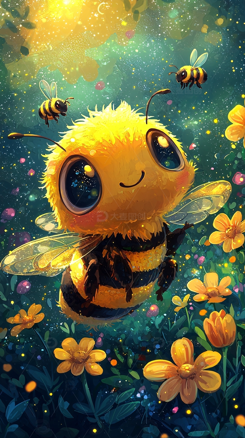 可爱的小蜜蜂在花丛中