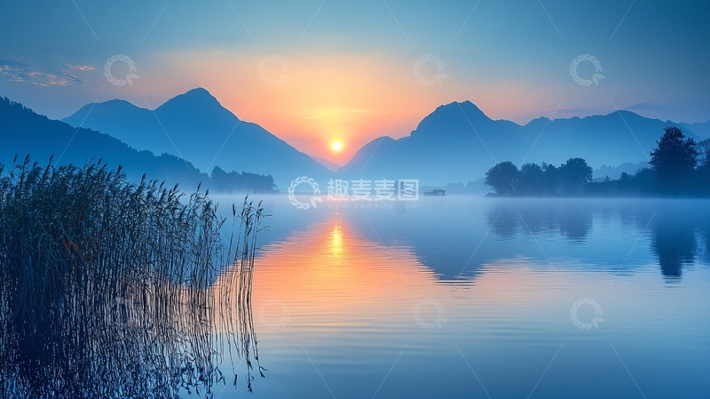 高清大图下载【趣麦麦图】清晨湖泊山峦日出