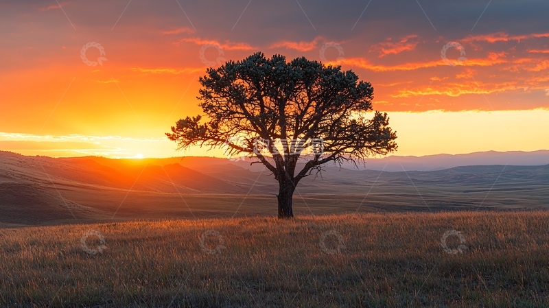 高清大图下载【趣麦麦图】夕阳下孤单的树