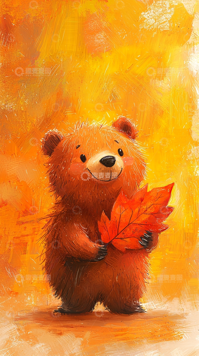 高清大图下载【趣麦麦图】卡通熊拿着秋叶