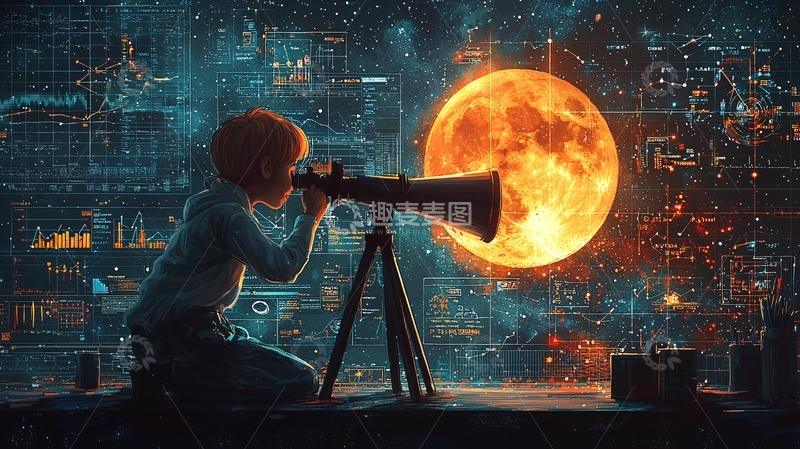 高清大图下载【趣麦麦图】孩子用望远镜看燃烧的月亮