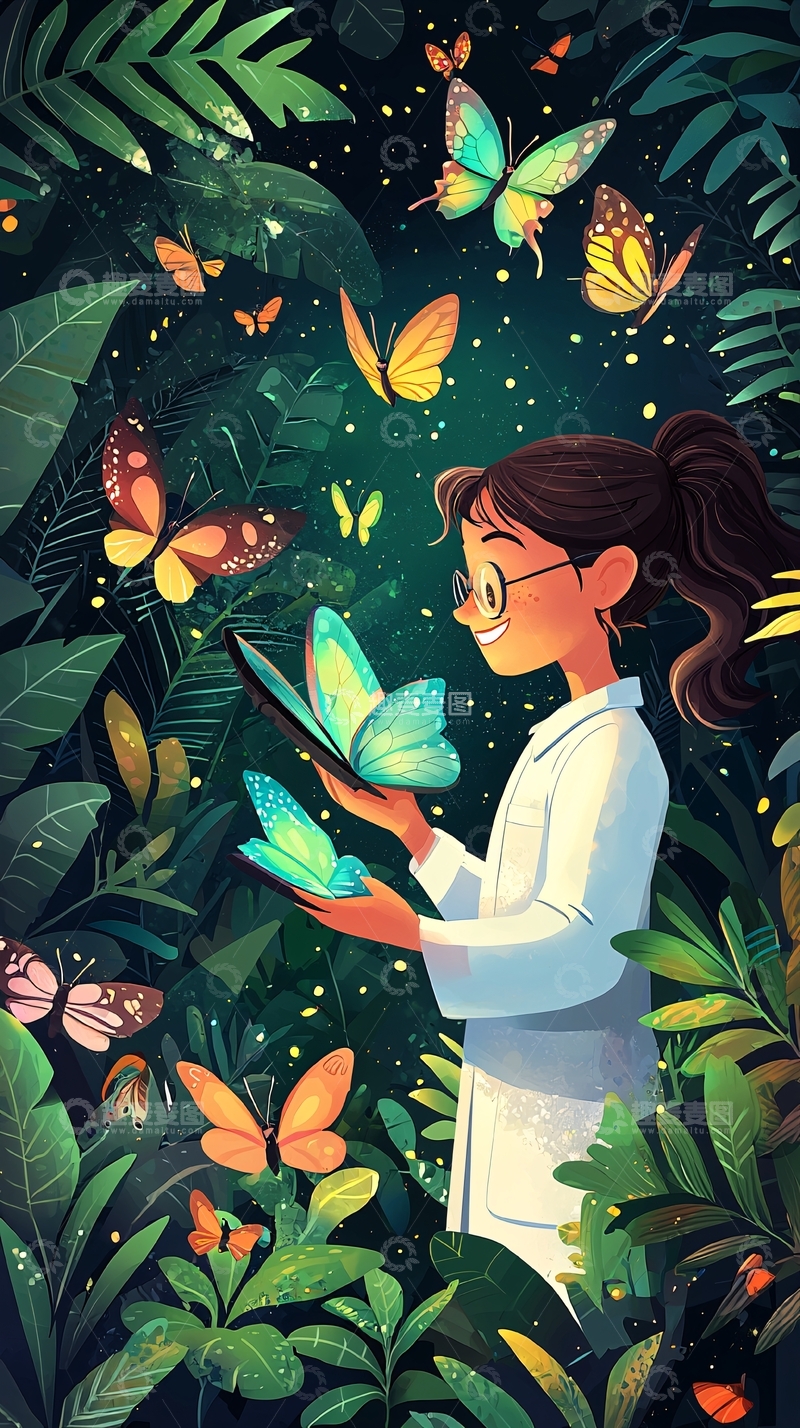 高清大图下载【趣麦麦图】女孩与蝴蝶在植物中