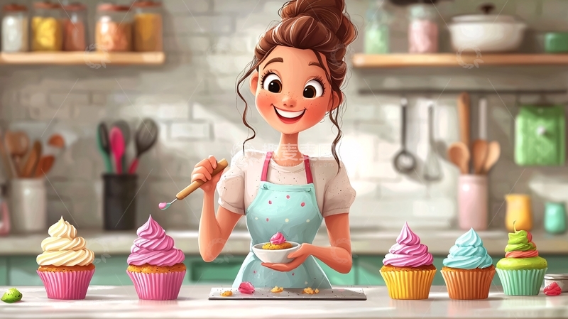 高清大图下载【趣麦麦图】卡通女孩制作纸杯蛋糕
