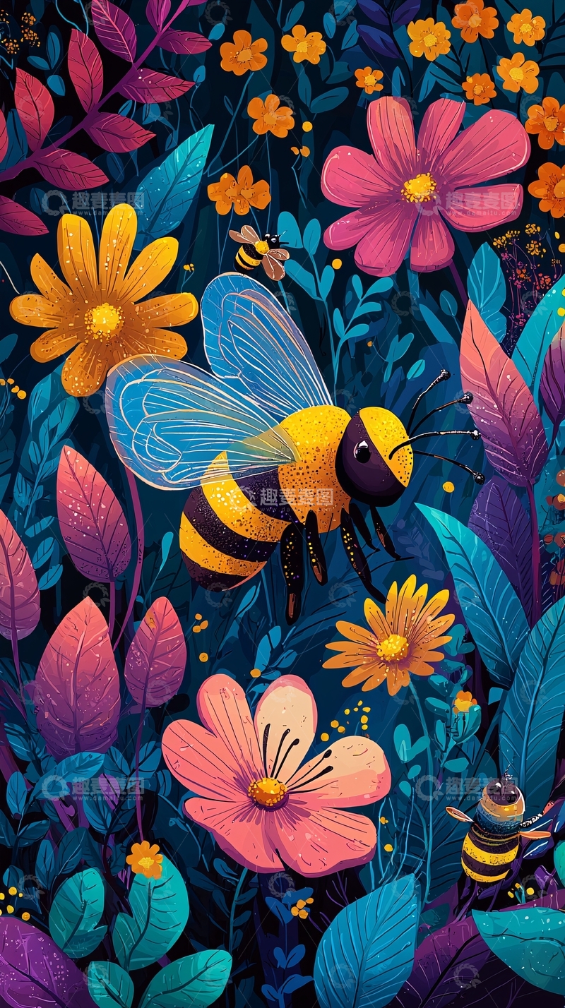 高清大图下载【趣麦麦图】蜜蜂飞舞花丛中