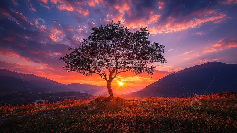 高清大图下载【趣麦麦图】孤树夕阳山峦剪影