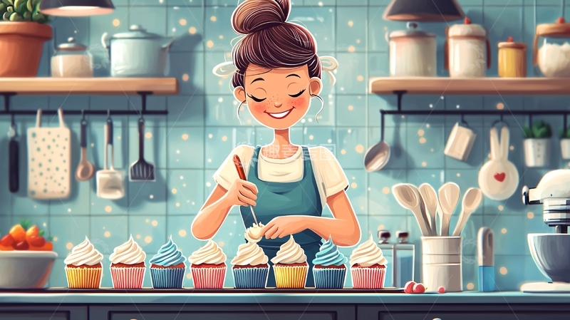 高清大图下载【趣麦麦图】专注烘焙的年轻女孩