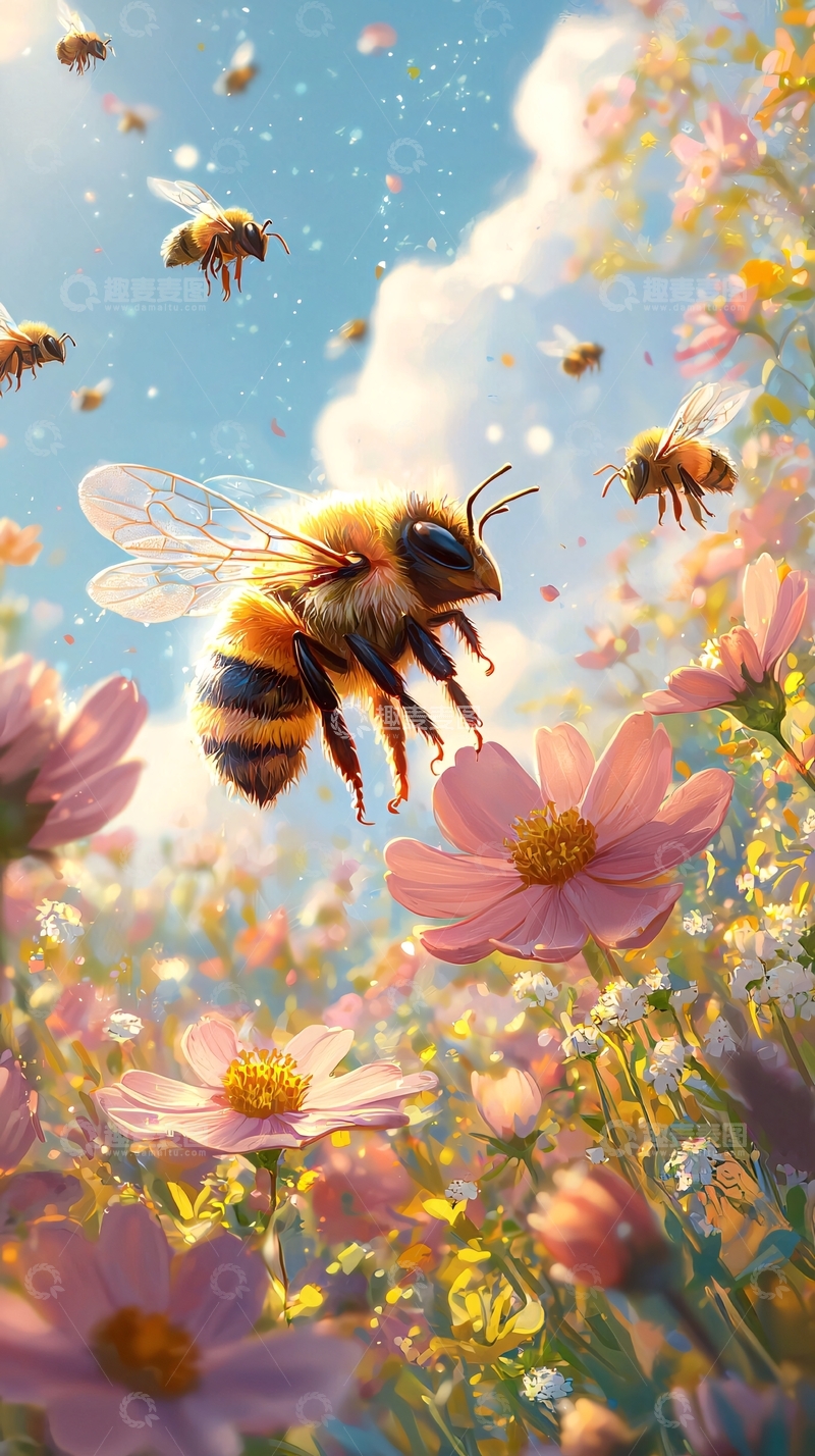 高清大图下载【趣麦麦图】蜜蜂飞过粉色花田