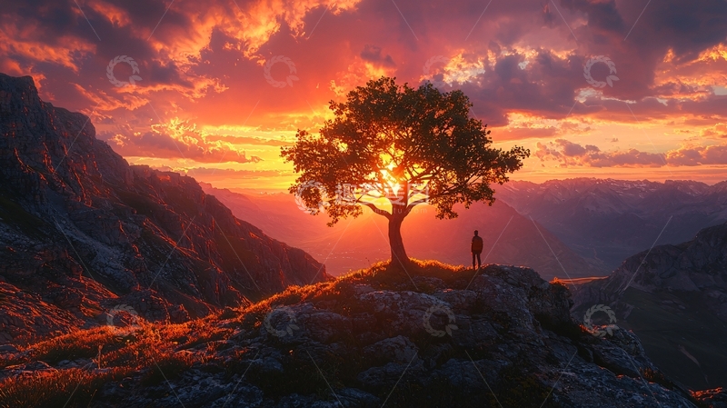 高清大图下载【趣麦麦图】日落山峰孤树剪影