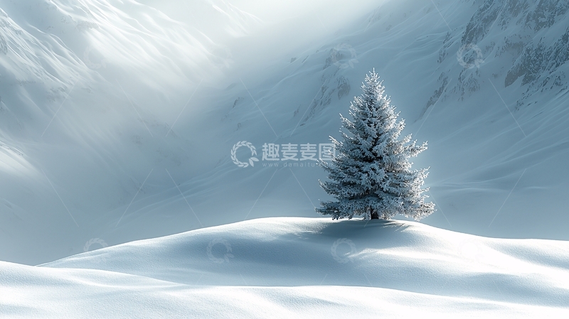 高清大图下载【趣麦麦图】雪山孤树冬季景色