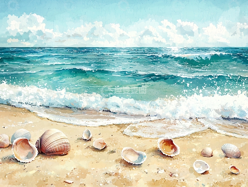 高清大图下载【趣麦麦图】海边贝壳沙滩风景画