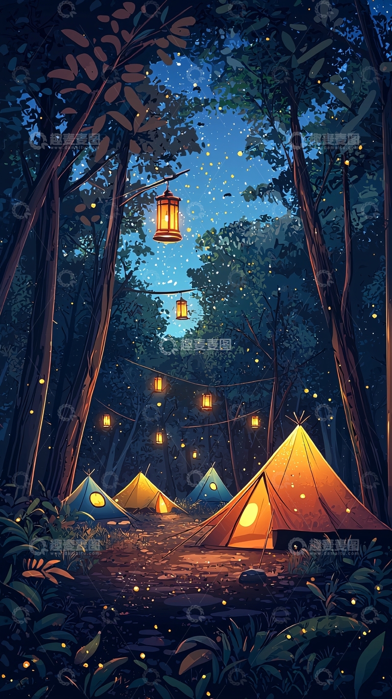 高清大图下载【趣麦麦图】夜晚森林露营