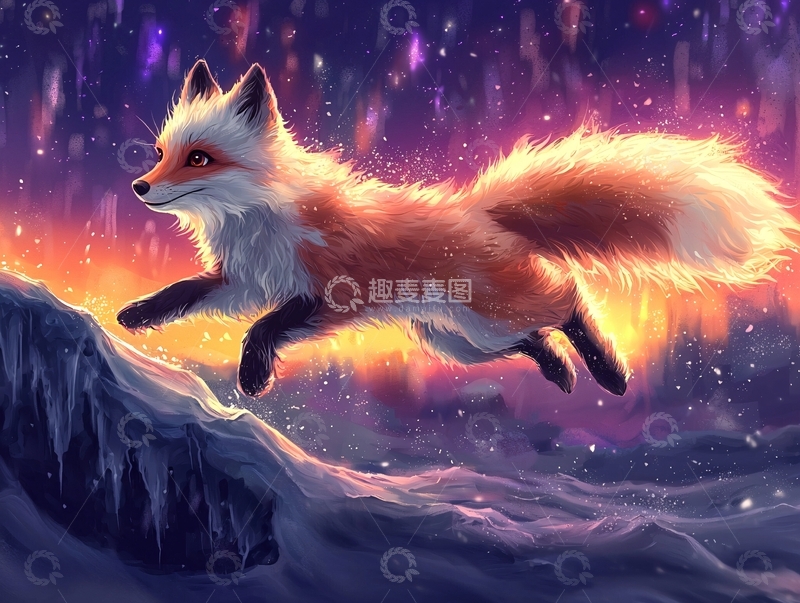 高清大图下载【趣麦麦图】梦幻狐狸雪山跳跃