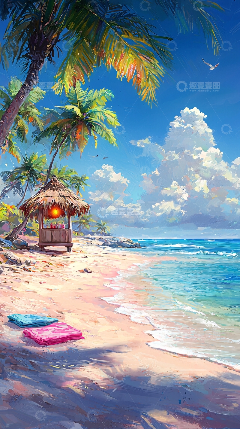 高清大图下载【趣麦麦图】海滩椰树茅草屋的明媚风光