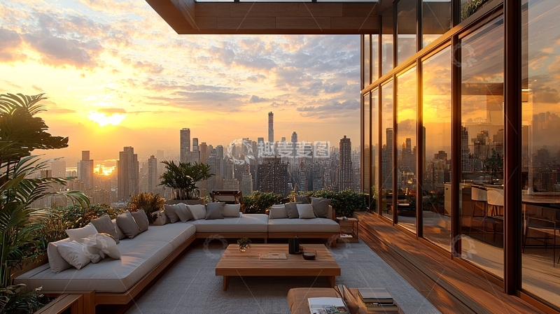 高清大图下载【趣麦麦图】日落城市景观阳台