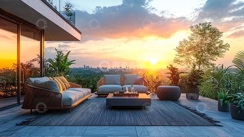 高清大图下载【趣麦麦图】现代简约露台日落景色