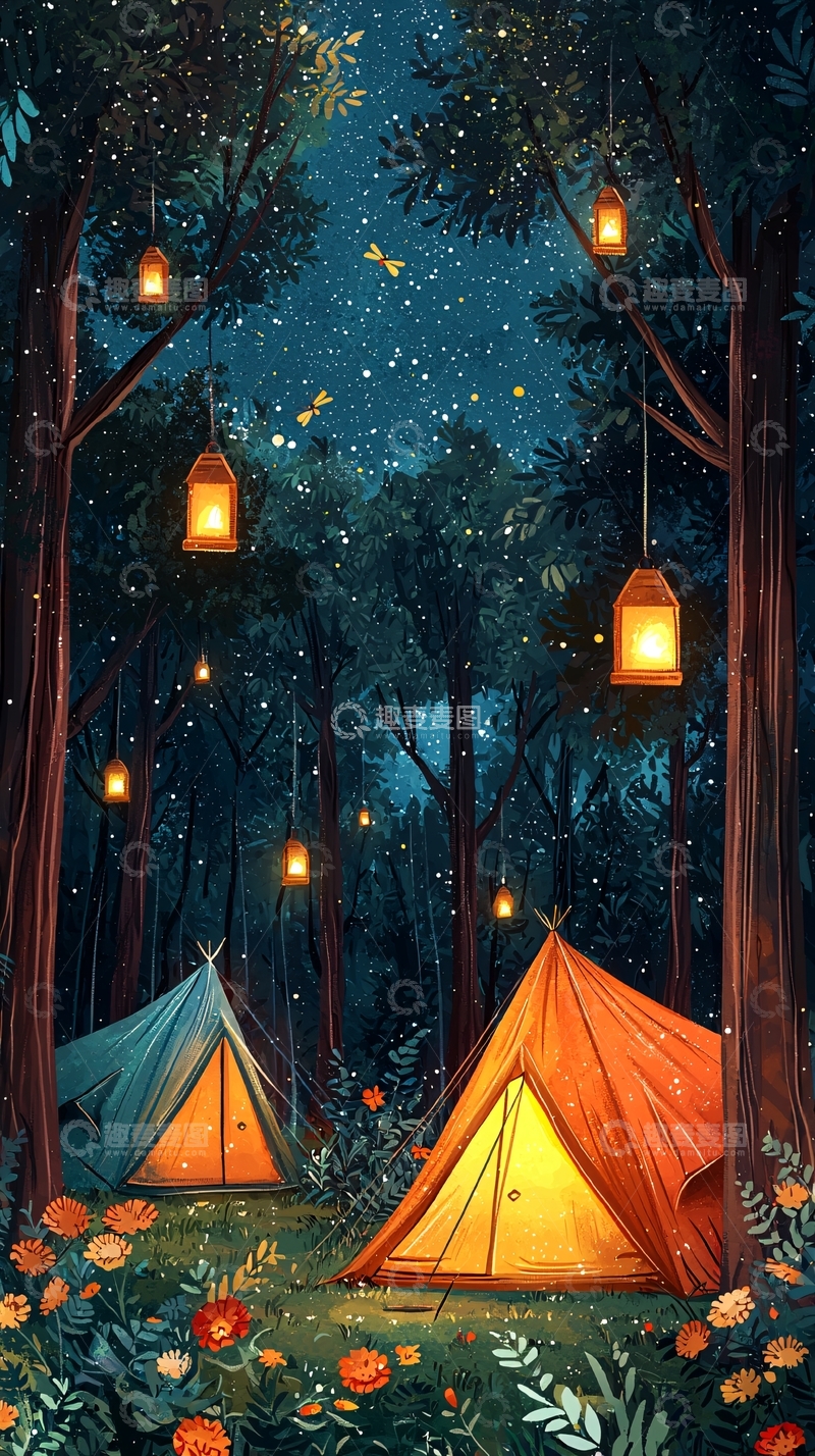 高清大图下载【趣麦麦图】夜晚森林露营