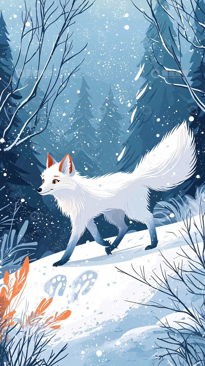 高清大图下载【趣麦麦图】雪地里的白色狐狸