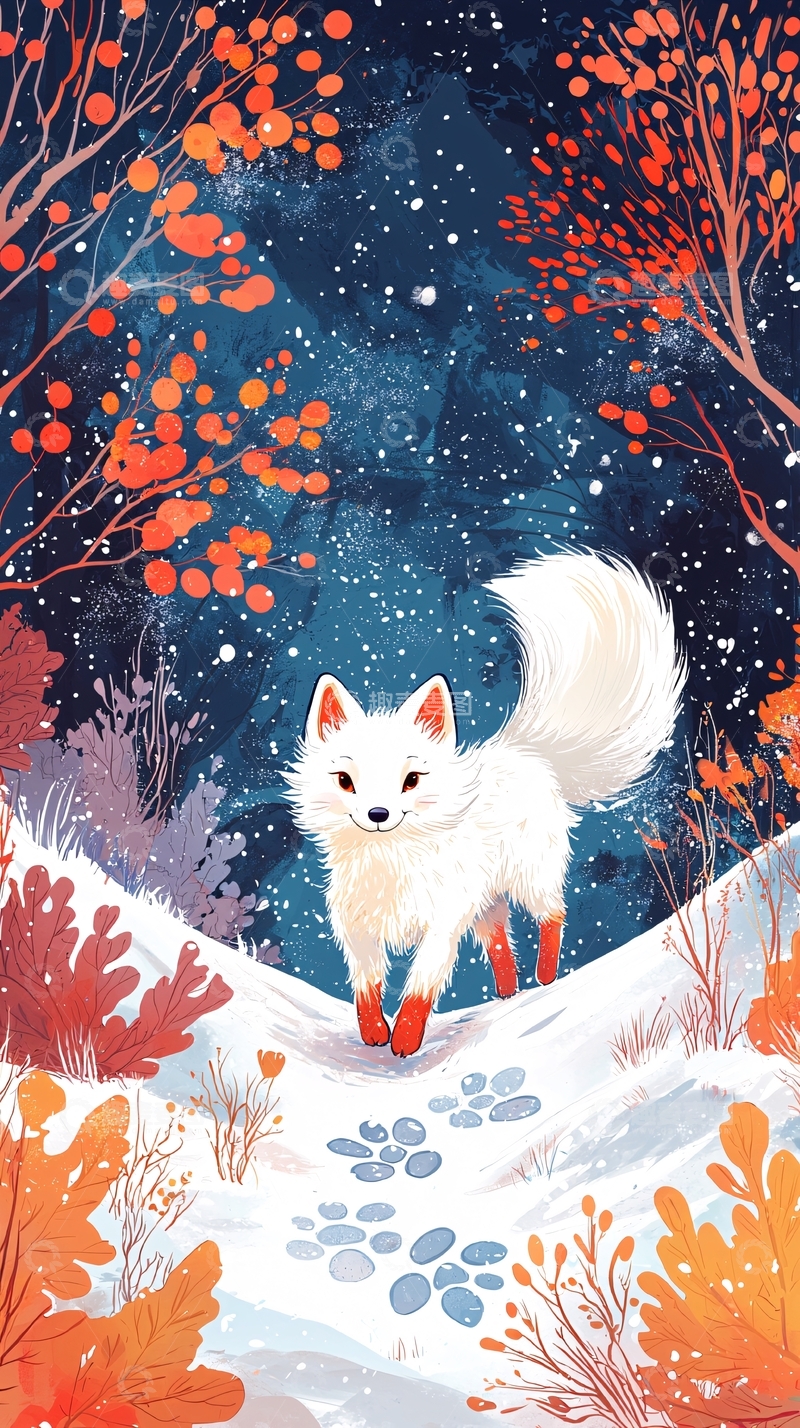 高清大图下载【趣麦麦图】冬日雪地白狐