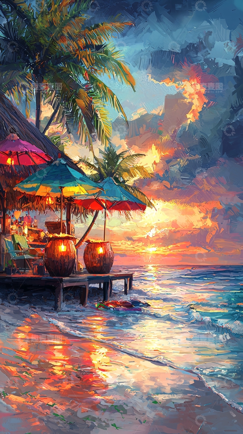 高清大图下载【趣麦麦图】热带海滩酒吧落日美景