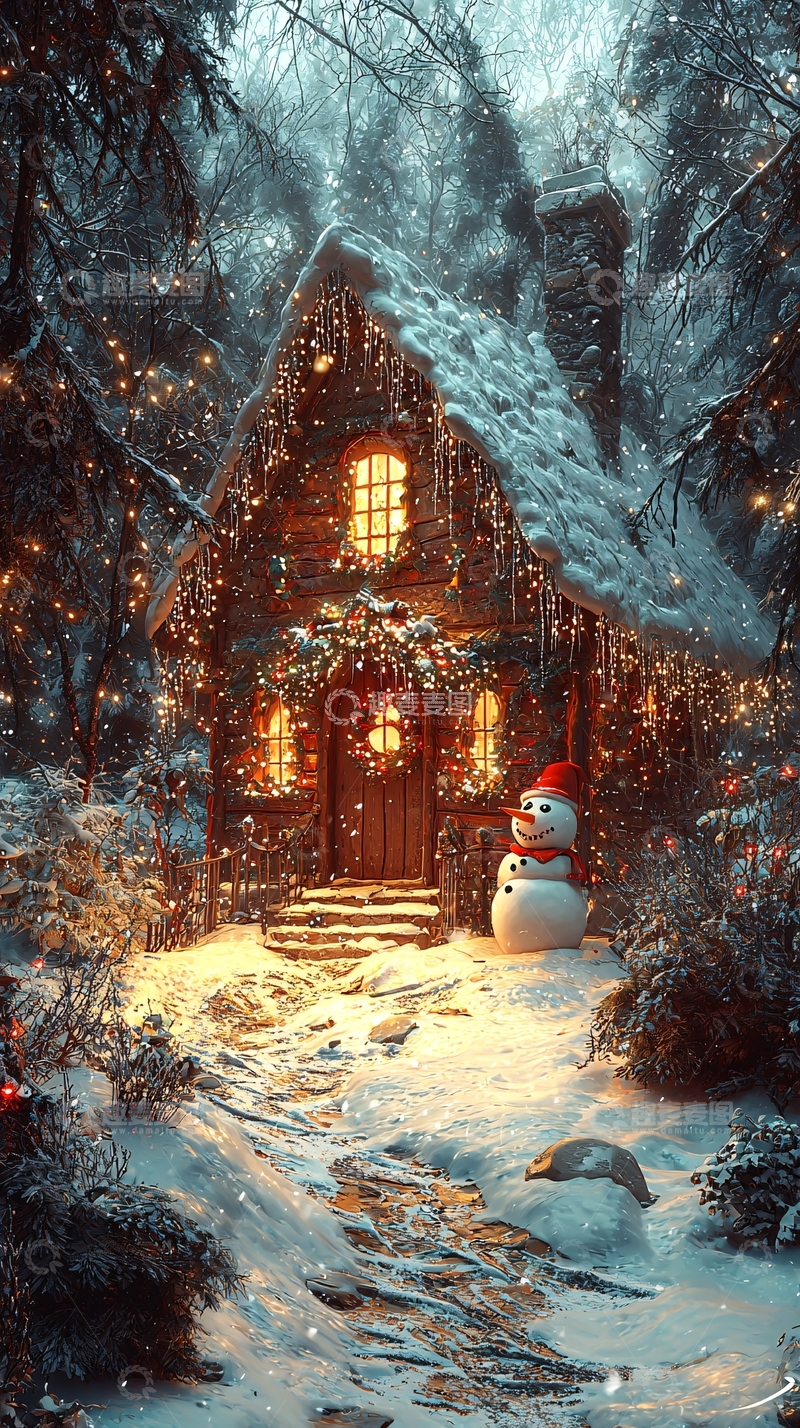 高清大图下载【趣麦麦图】冬日雪夜小屋