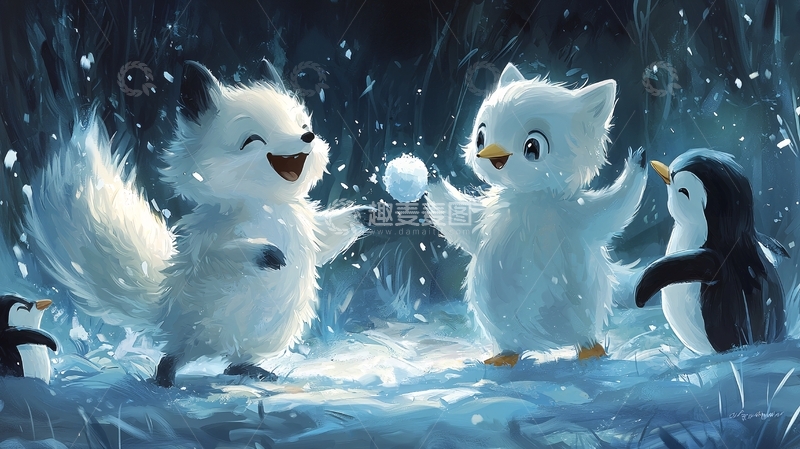 高清大图下载【趣麦麦图】小狐狸猫头鹰和企鹅雪地玩耍