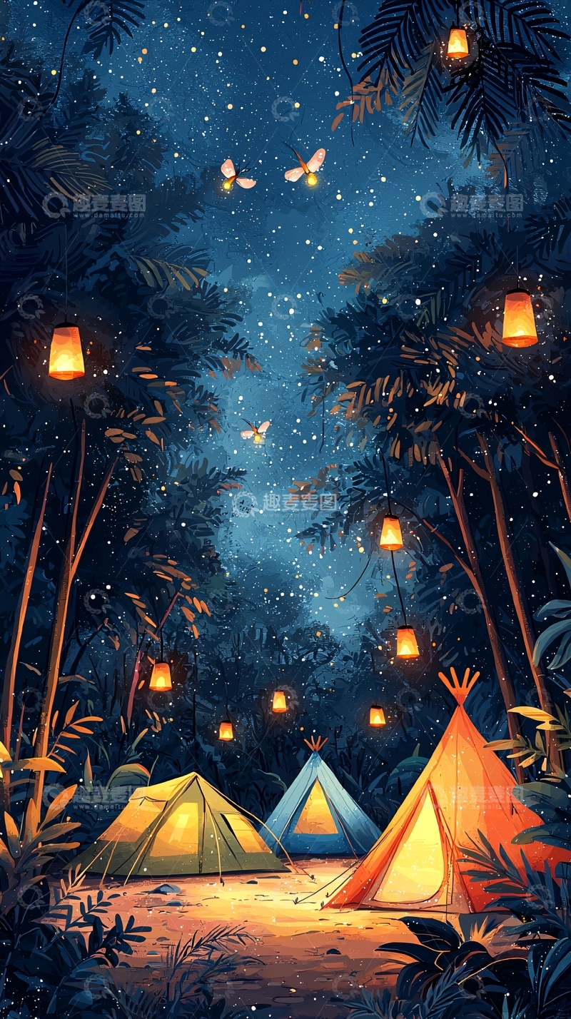 高清大图下载【趣麦麦图】夜晚丛林露营